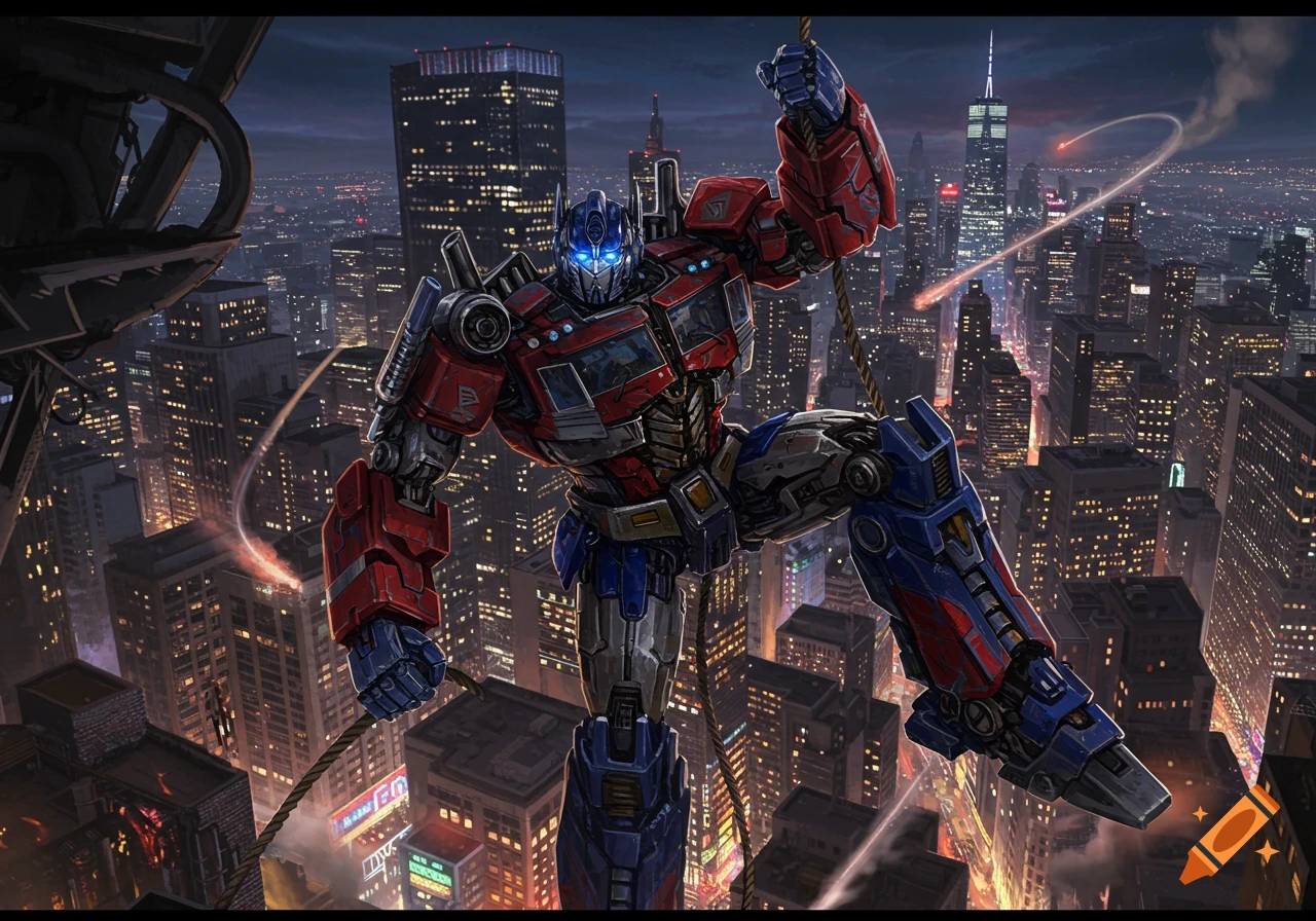 Optimus Prime, a giant red and blue robot, hangs from a rope high above a sprawling city at night, with illuminated skyscrapers.