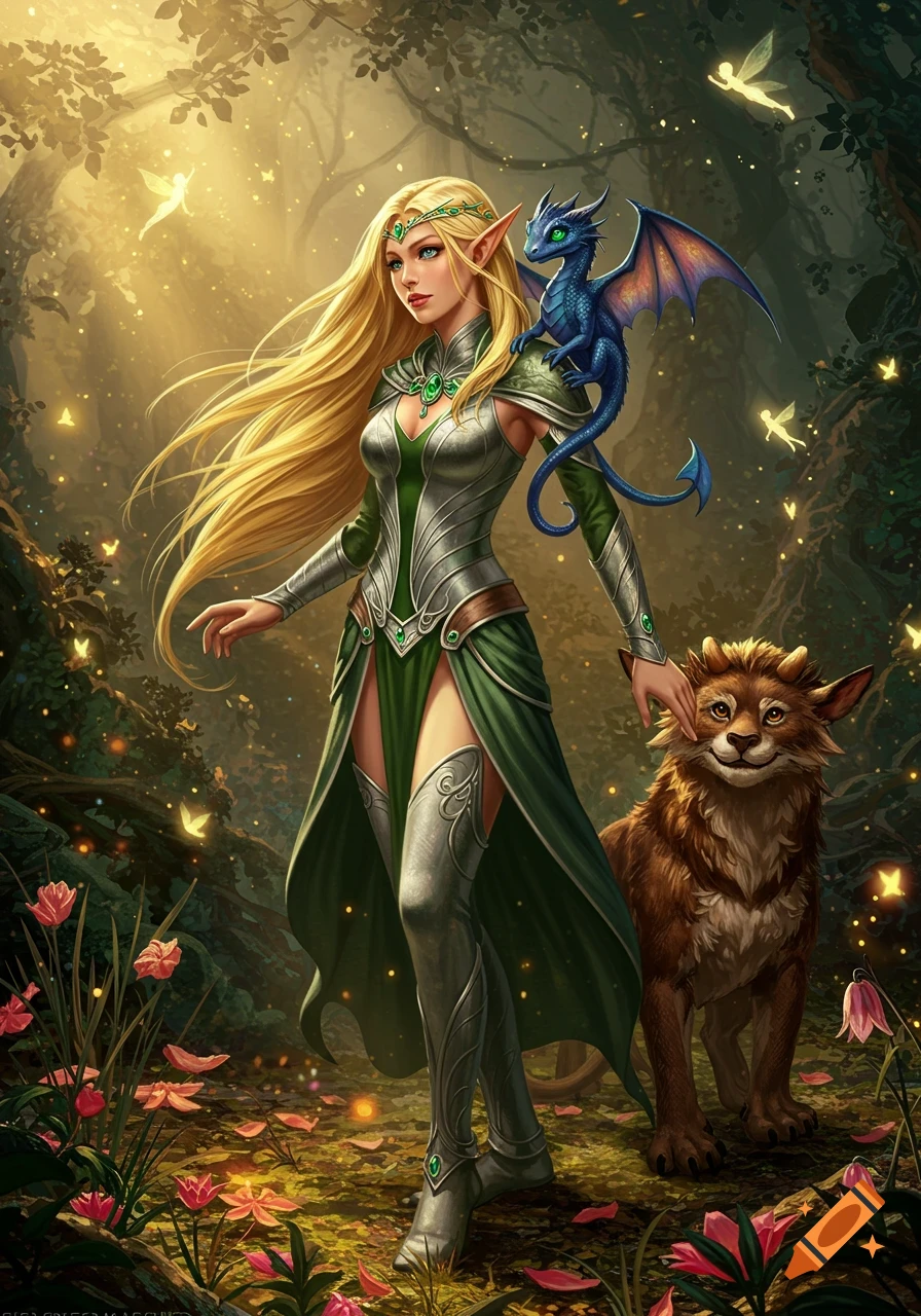 Blonde elf with a blue dragon on her shoulder and a fox-like pet, walking in a magical sunlit forest with fairies. Digital art.