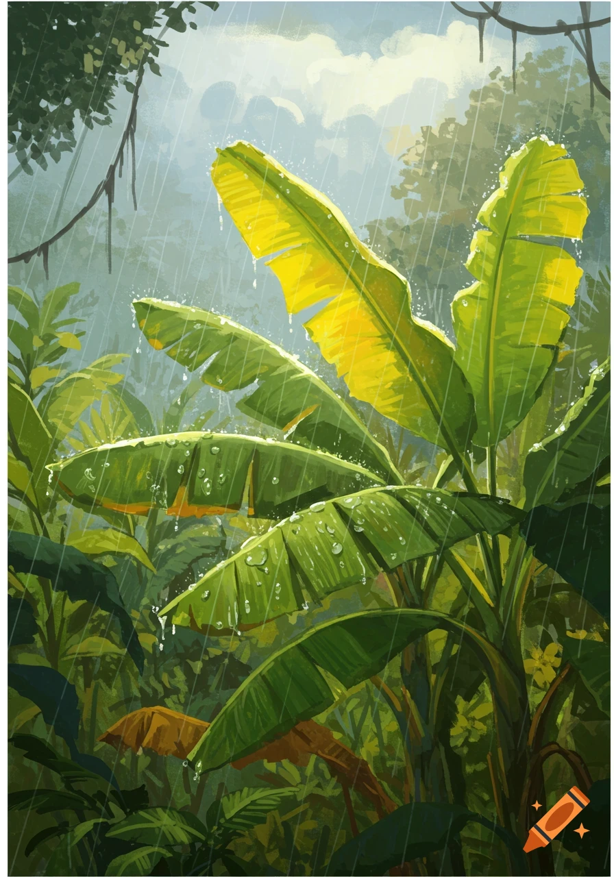 Illustrated tropical jungle scene with large green and yellow banana leaves under falling rain.