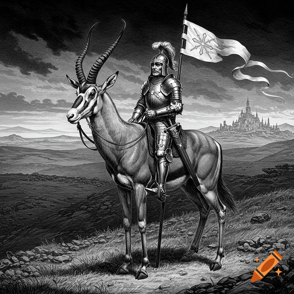 Black and white illustration of a knight in armor riding an antelope, holding a flag, with a distant castle.