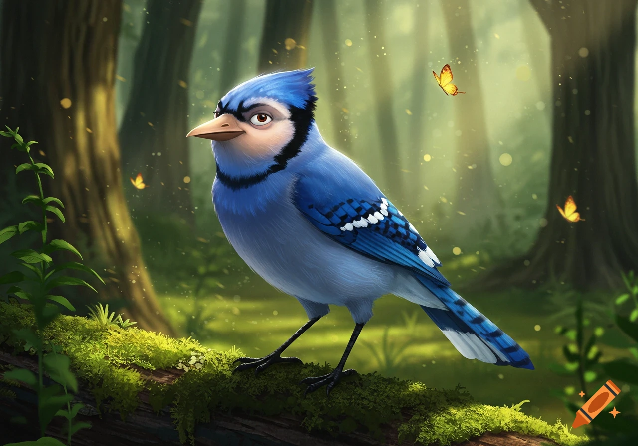 Cartoon blue jay with a Gru-like expression perched on a mossy log in a magical forest with butterflies.