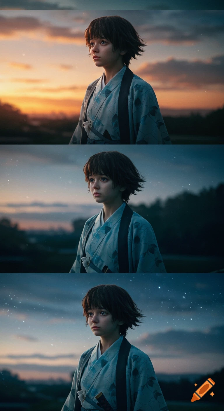 A young person with short dark hair, wearing a light blue kimono and haori, gazes thoughtfully at a changing sky from sunset to night.