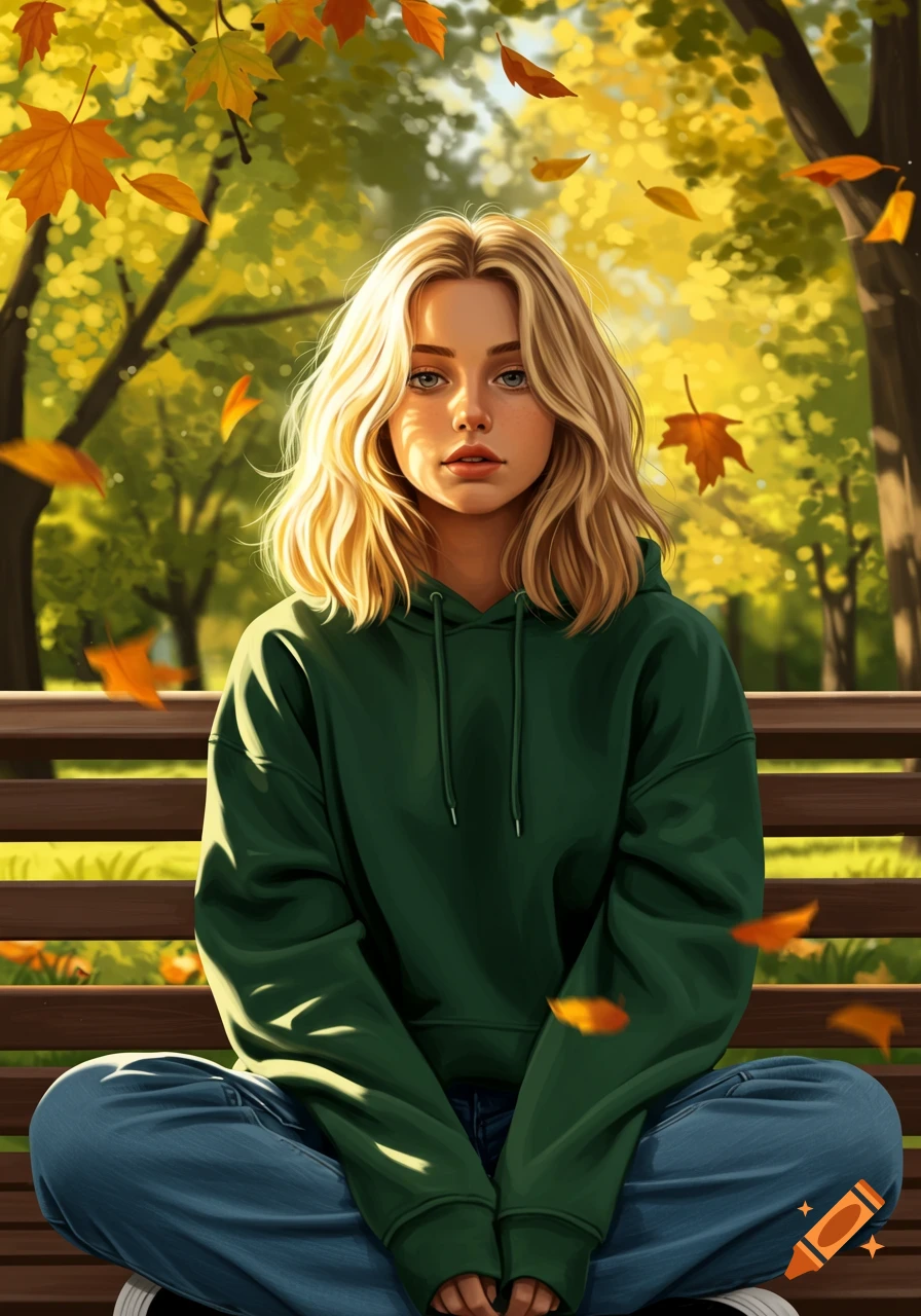 Digital painting of a young blonde woman in a green hoodie and blue jeans sitting on a park bench with autumn leaves falling.