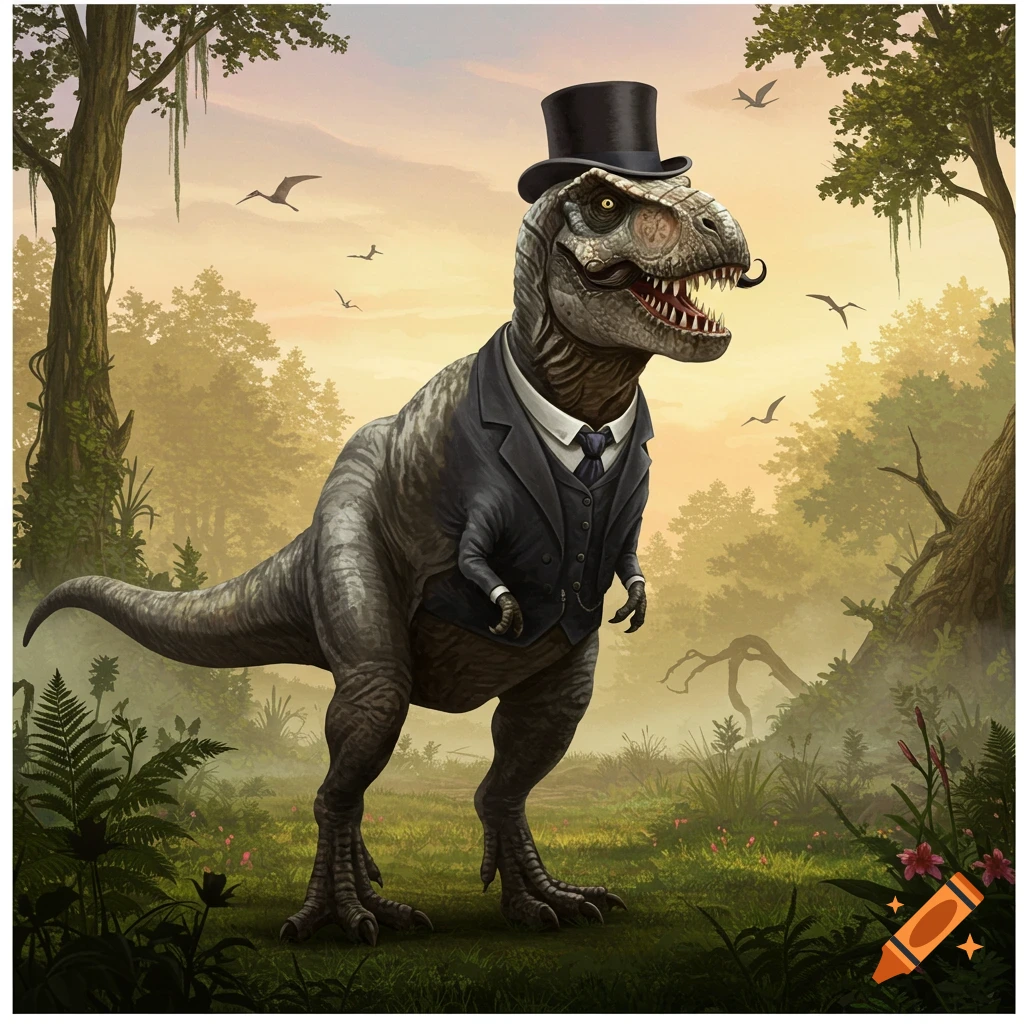 A dapper T-Rex wearing a black suit, top hat, and handlebar mustache stands in a lush, misty jungle at sunset.
