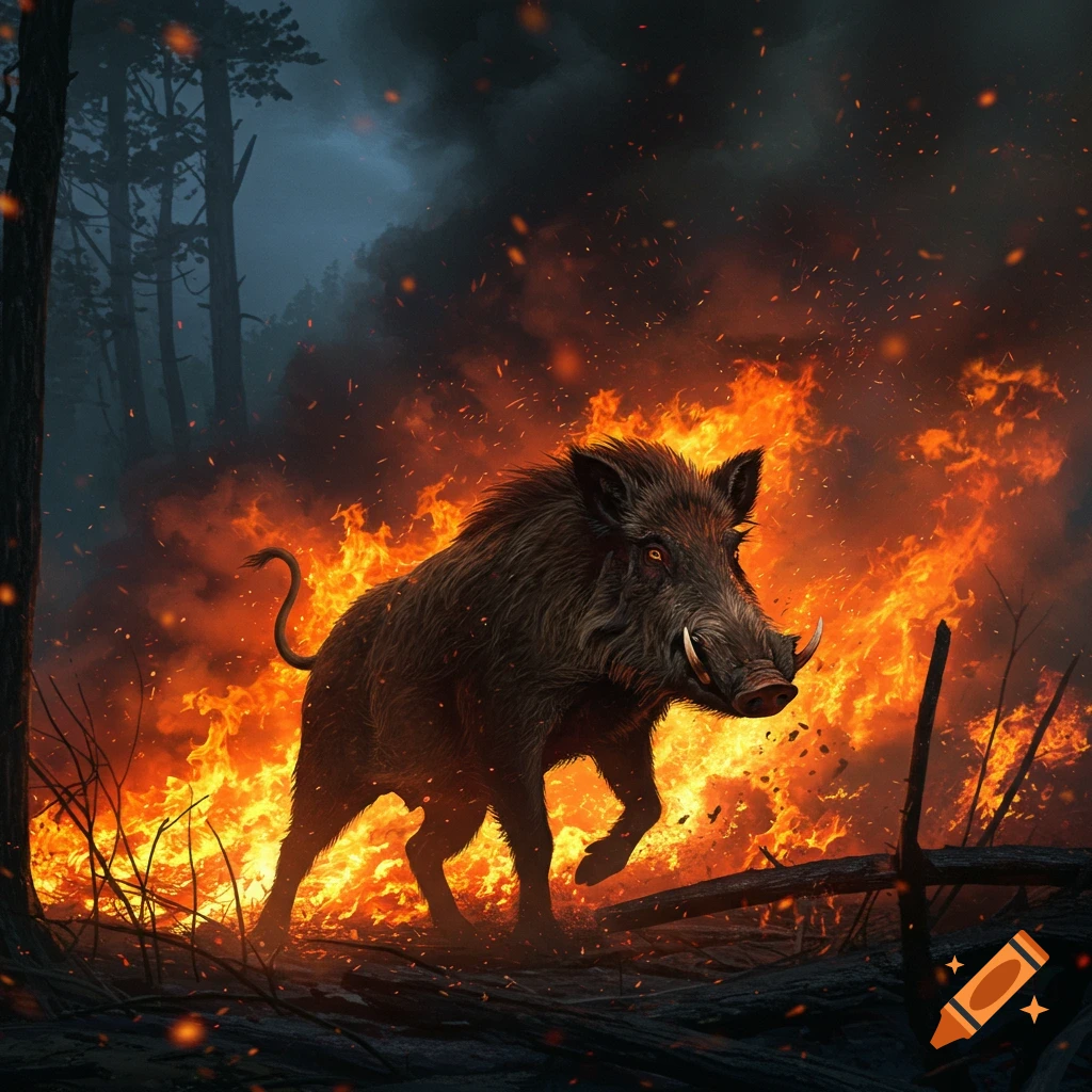 A fierce wild boar with glowing eyes runs through a raging forest fire, surrounded by bright orange flames and smoke.