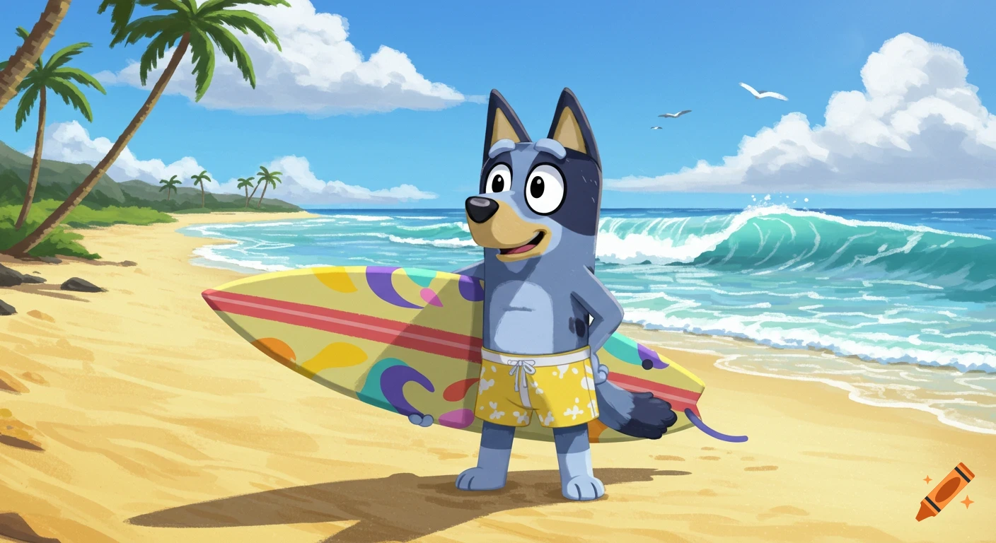 Bluey Heeler, a blue cartoon dog, holds a colorful surfboard on a sunny beach with palm trees and ocean waves.