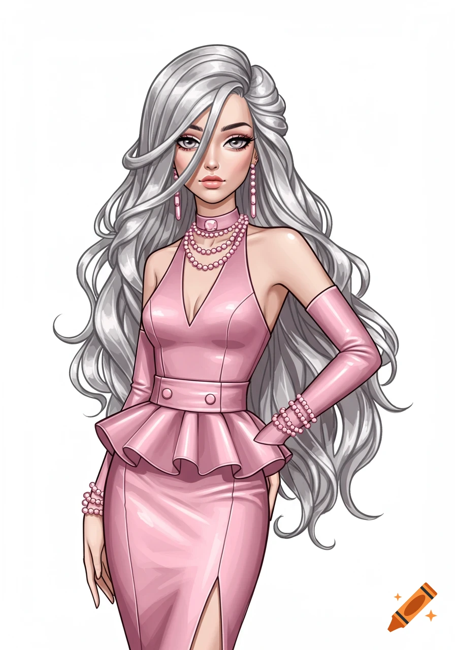 An illustration of a fashionable woman with long silver hair, wearing a pink halter dress, long gloves, and pearl jewelry.