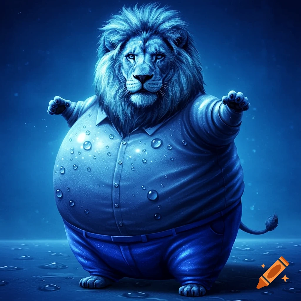 A round, blue, fluffy lion wearing a blue shirt and pants stands in a blue, wet setting, illuminated by a glow.