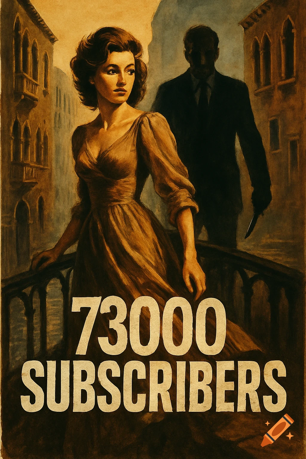 Vintage thriller movie poster of a woman on a bridge in Venice and a man with a knife, with text '73000 SUBSCRIBERS'.