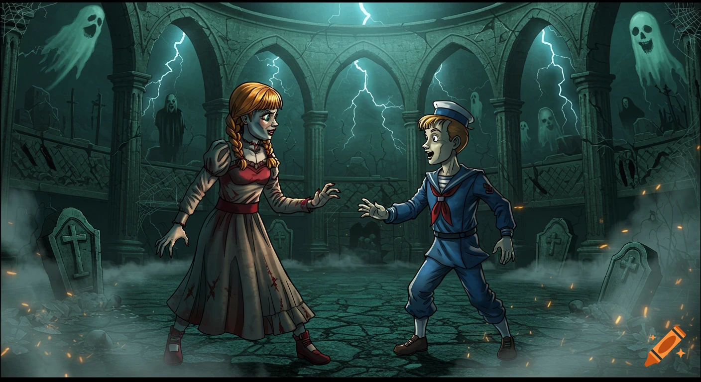 Annabelle and Robert the doll face each other in a haunted gothic ruin with ghosts and lightning in a cartoon style.