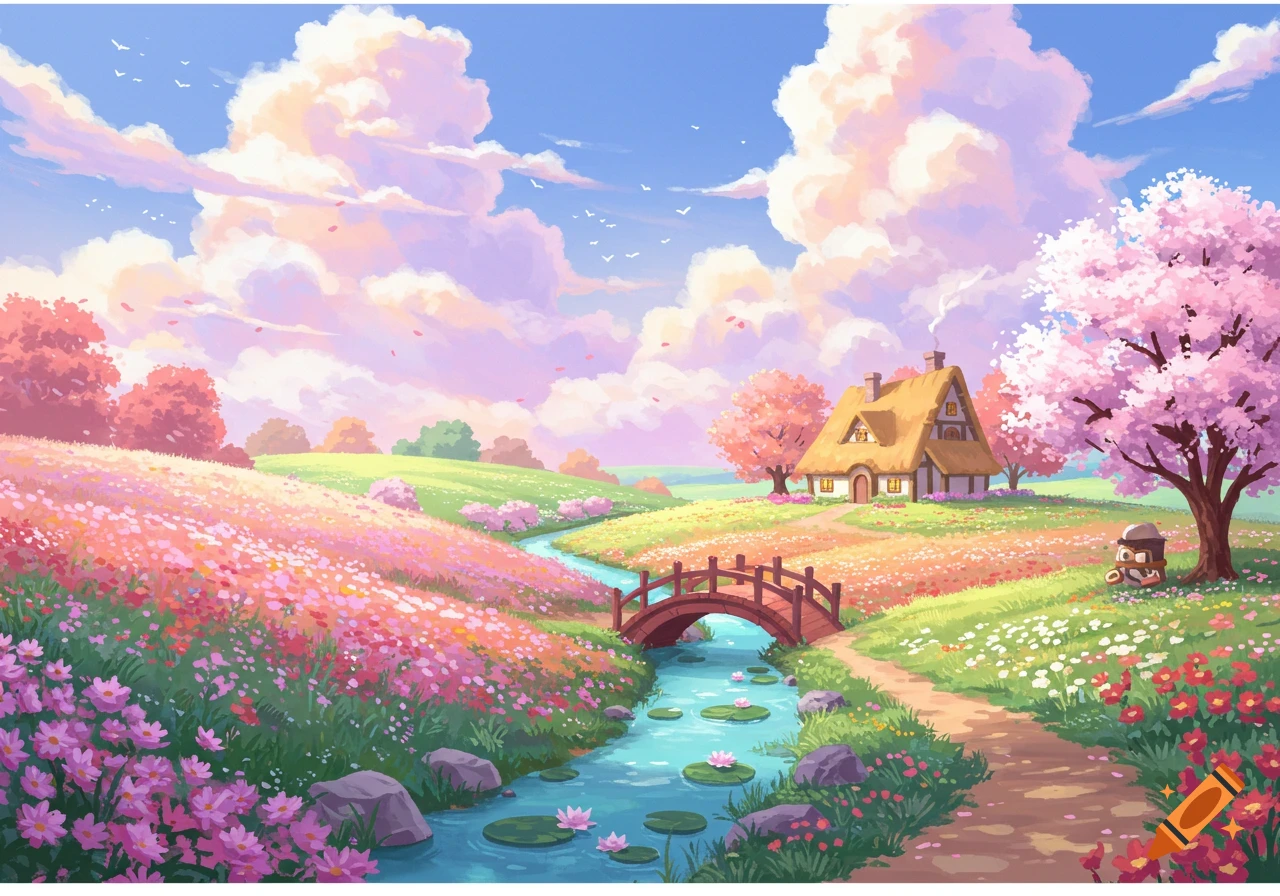 A vibrant anime-style landscape with a charming cottage, a stream flowing under a wooden bridge, blooming cherry blossom trees, and colorful flower fields under a cloudy sky.