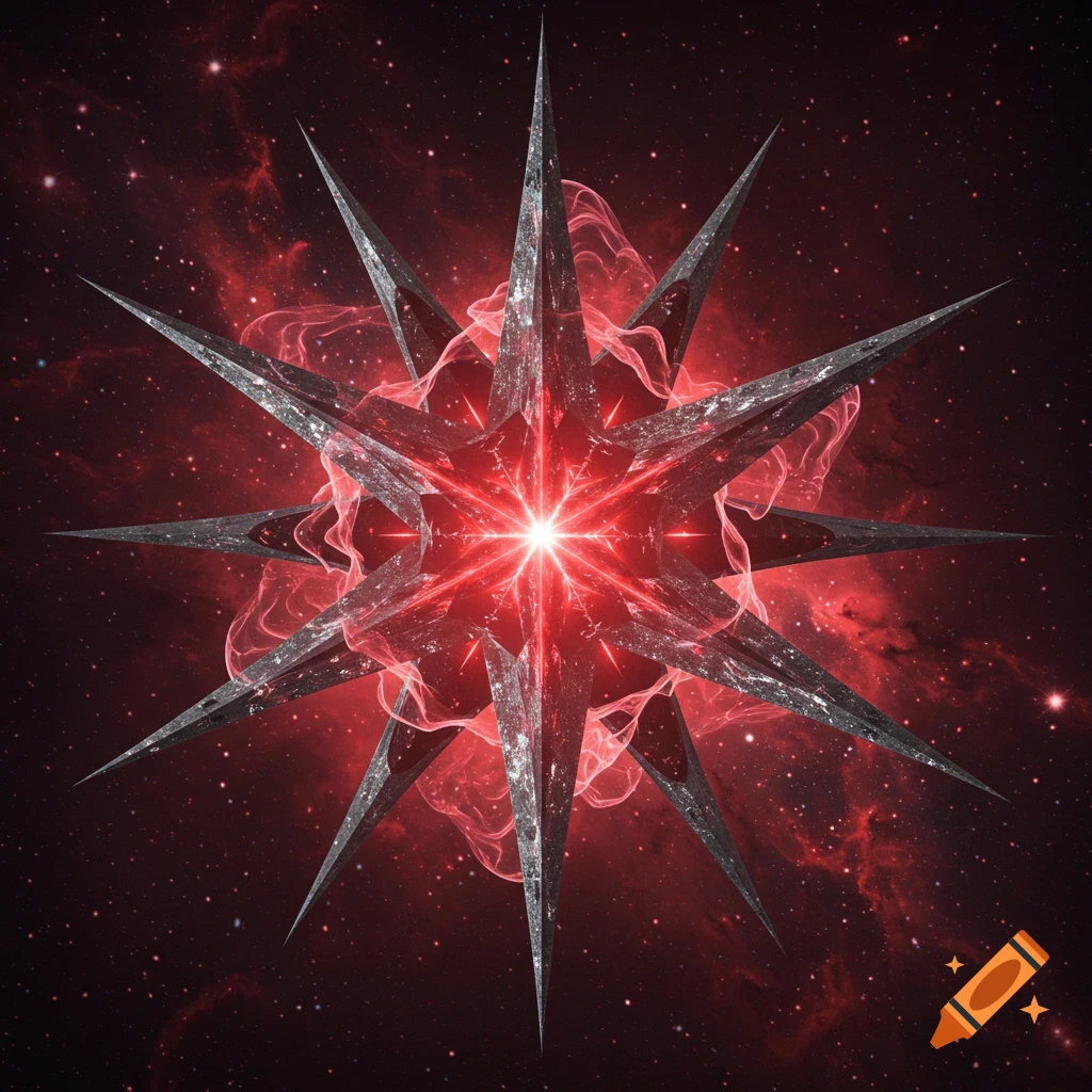 A spiky, metallic, star-like object with a glowing red core, surrounded by red energy against a dark, starry space background.