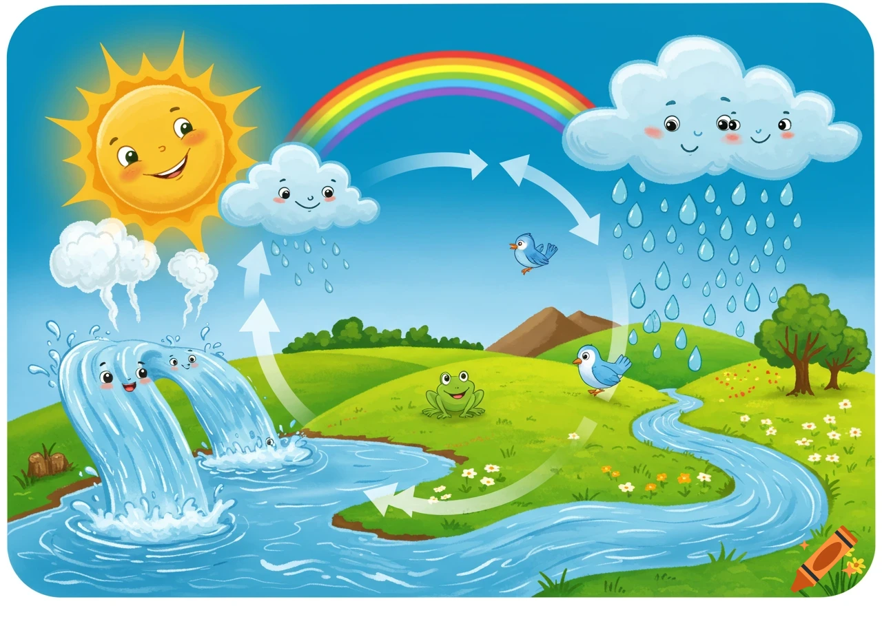 A colorful cartoon illustration of the water cycle, showing a smiling sun, clouds, rain, rivers, waterfalls, birds, and a frog in a green landscape.