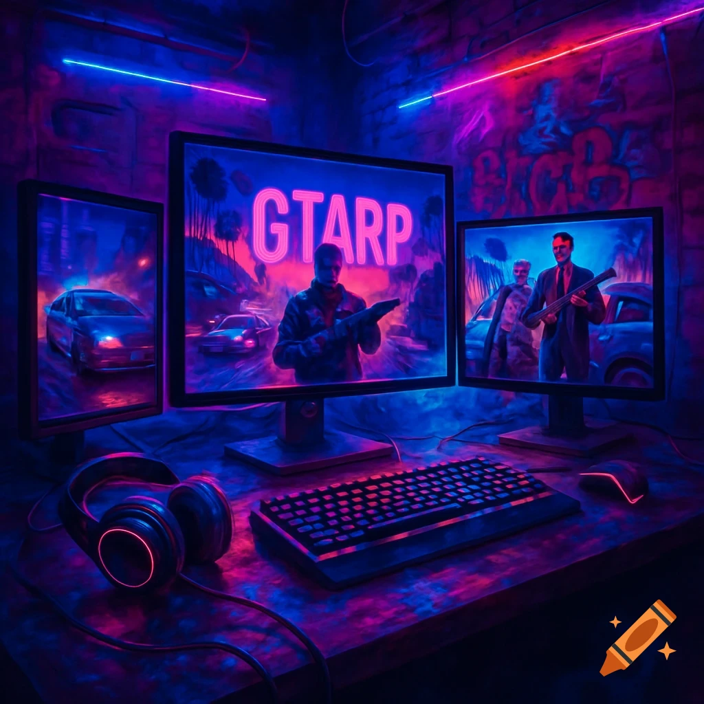 A synthwave-style gaming setup with three monitors showing GTARP-like scenes in neon blue and pink, a keyboard, mouse, and headphones on the desk.