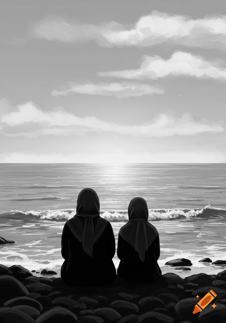 Black and white illustration of two veiled figures, viewed from behind, sitting on a rocky beach, looking out at the ocean under a cloudy sky.