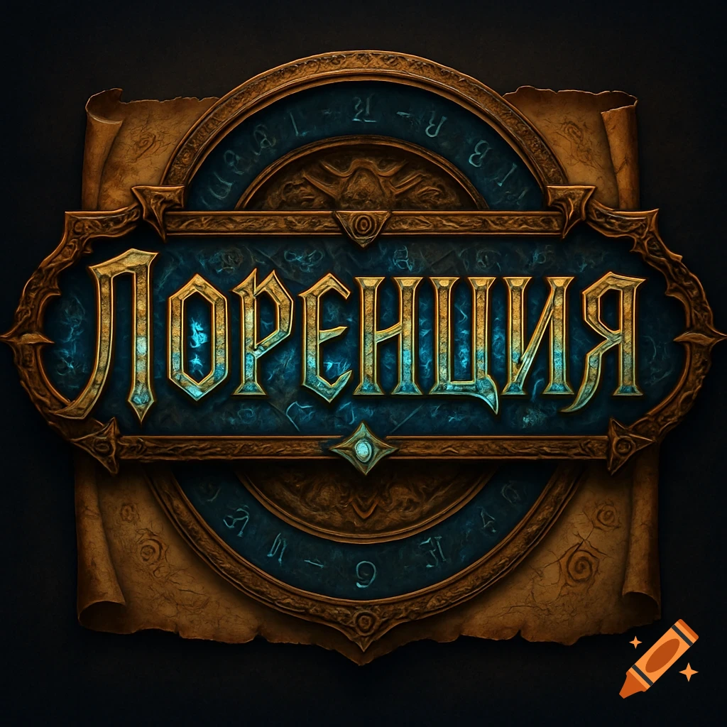 Ornate gold and blue fantasy logo with 'ЛОРЕНЦИЯ' in the center, surrounded by runes and aged scroll textures.