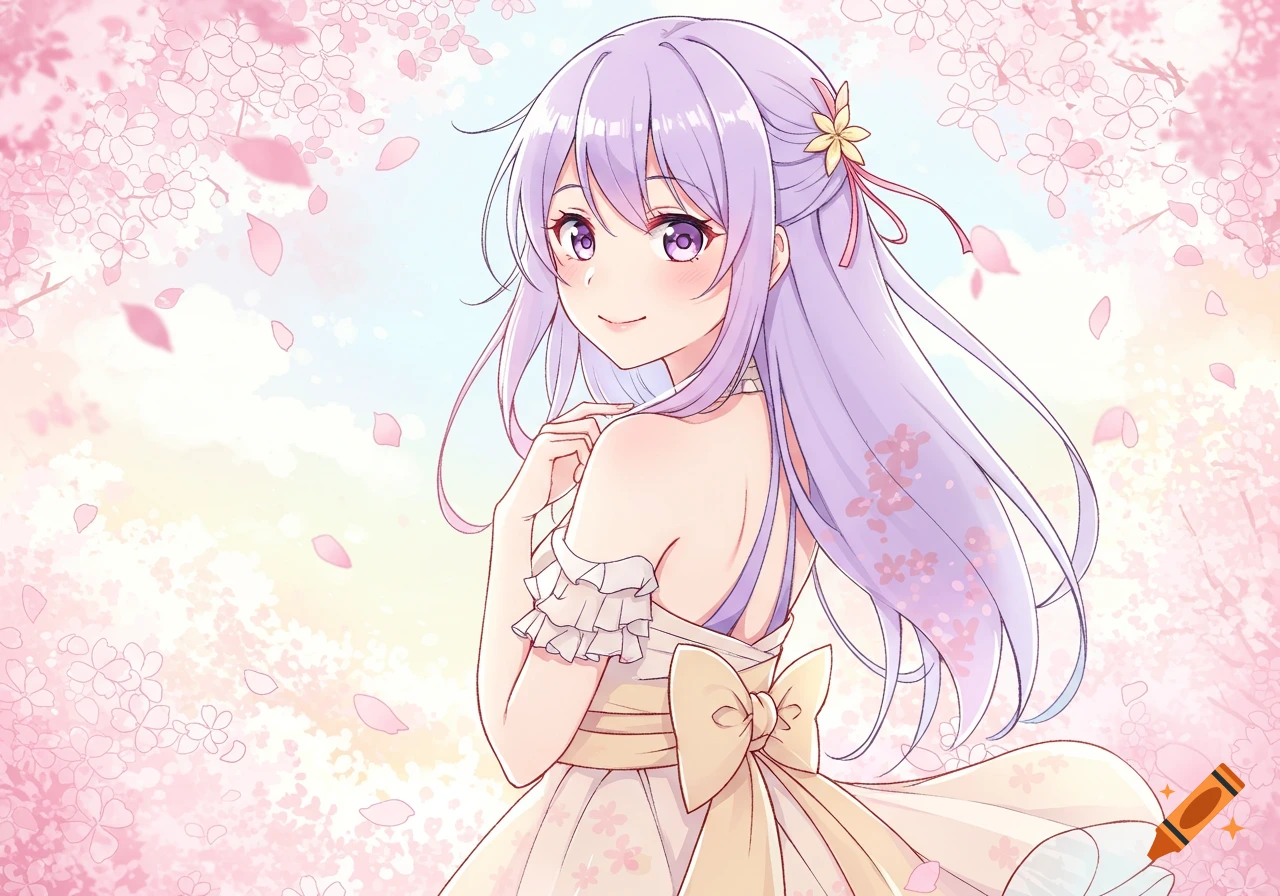 An anime girl with lavender hair in a light dress looks over her shoulder, smiling. Pink cherry blossoms fall around her against a soft, dreamy sky.