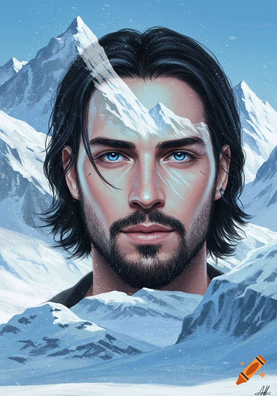A digital art portrait of a man with blue eyes, dark hair and beard, against a snowy mountain backdrop.