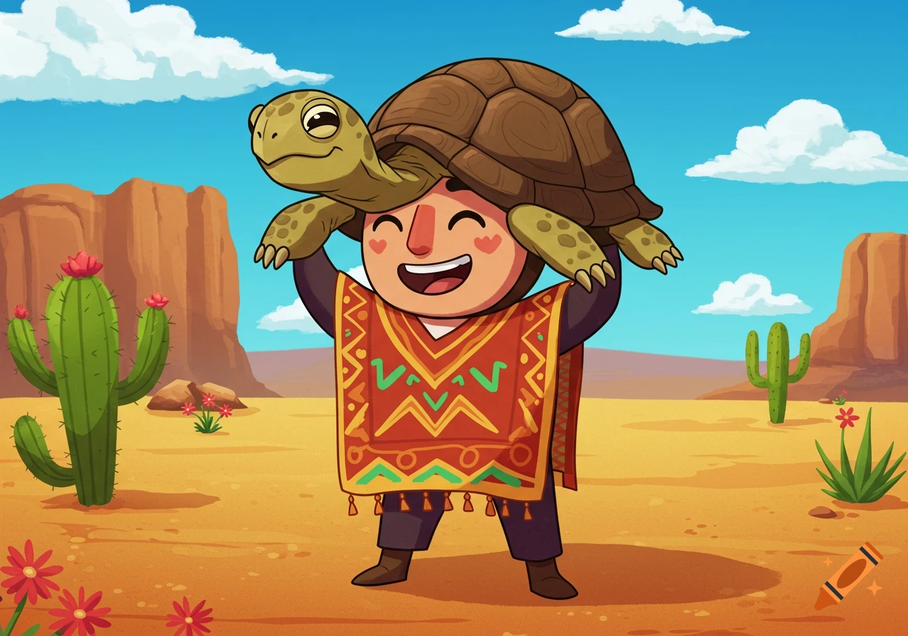 Happy cartoon character in a colorful poncho carries a smiling turtle on its head in a sunny desert with cacti.