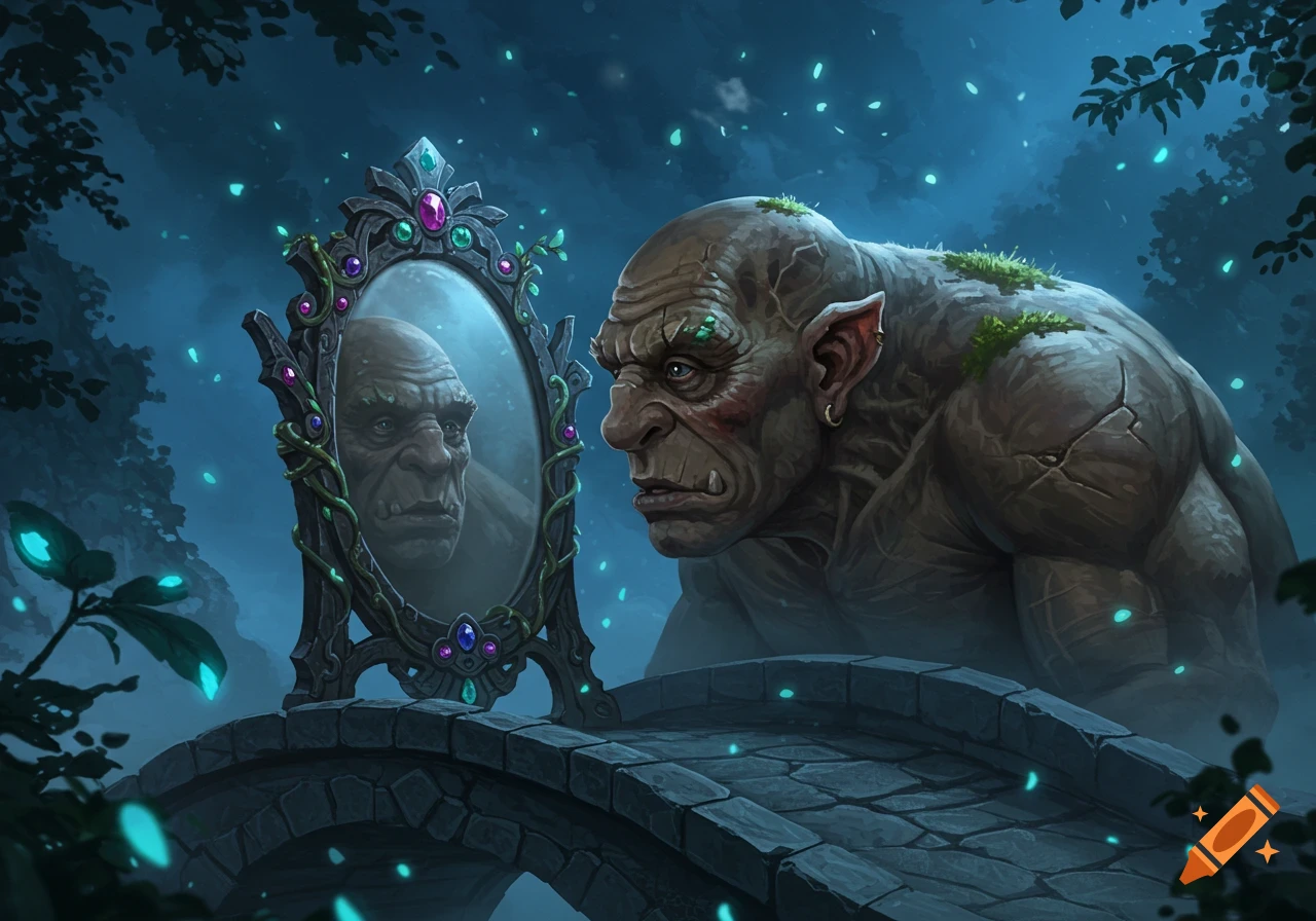 A massive, mossy troll with tusks gazes into an ornate, jeweled mirror on a stone bridge in a glowing, magical forest at night.