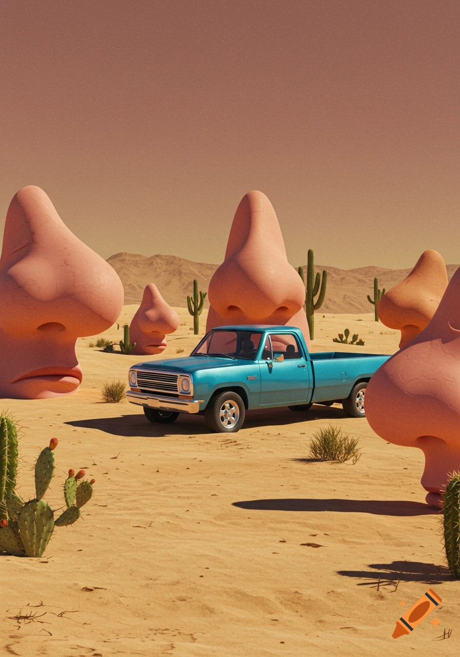 A blue pickup truck in a vast sandy desert, surrounded by several giant, human-like noses and cacti under an orange sky.