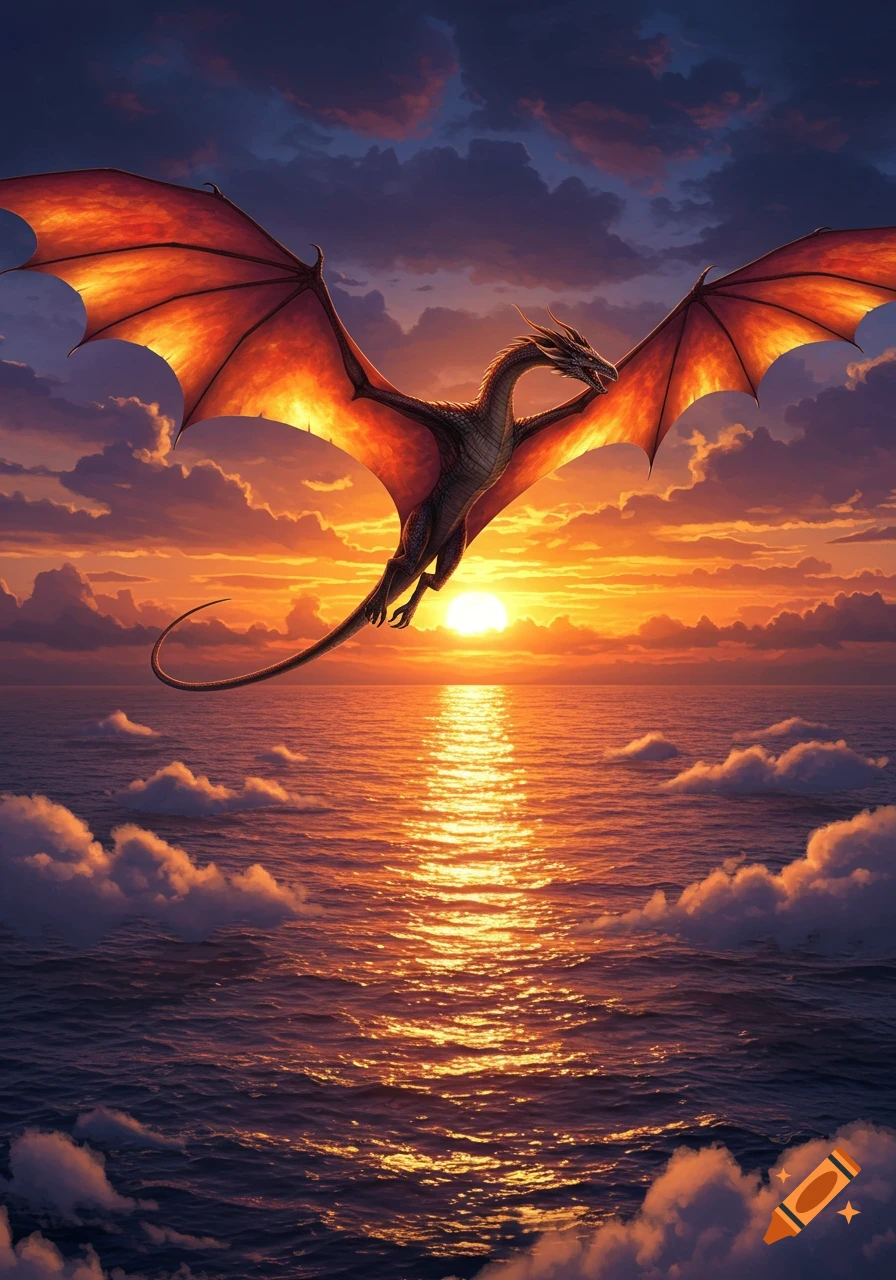 A majestic dragon with glowing red wings soars over a sunlit ocean at a vibrant sunset.