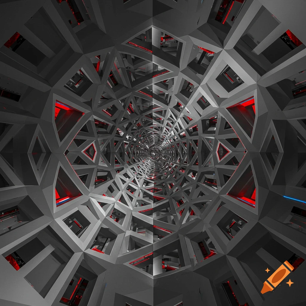Abstract geometric tunnel in grayscale with red highlights, creating an optical illusion.