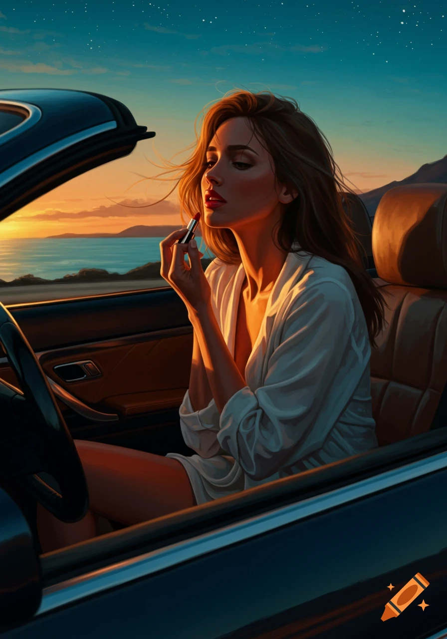 Woman in a white shirt applying lipstick in a convertible car at sunset, ocean in background, painterly style.