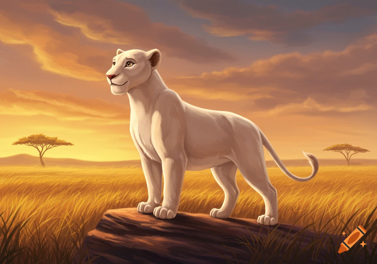 An animated white lioness stands majestically on a rock in a golden savanna landscape at sunset.