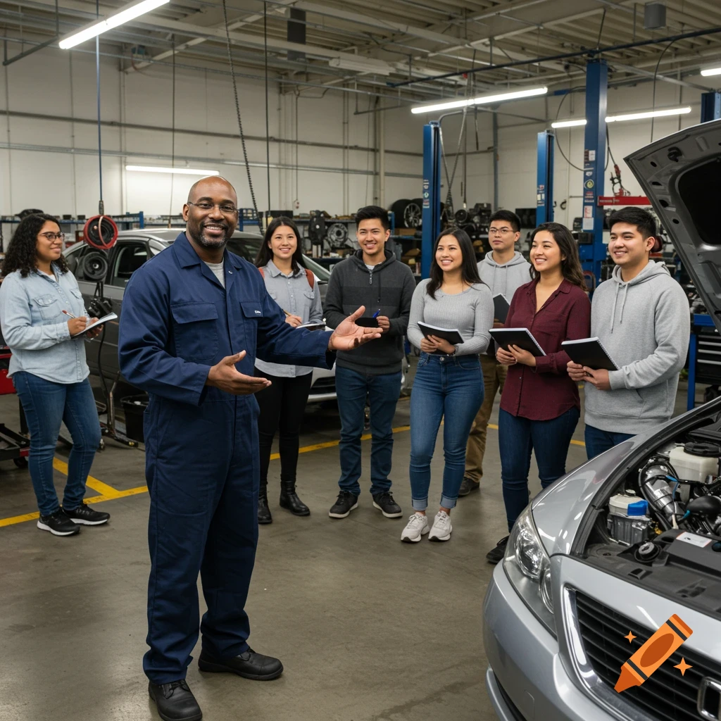 An auto mechanic teacher gestures to a diverse group of students in a busy garage classroom with cars and equipment.