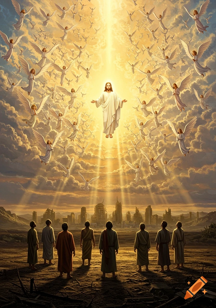 Jesus ascends surrounded by numerous angels in a bright, cloudy sky above a devastated city, watched by survivors below, in a fantasy style.