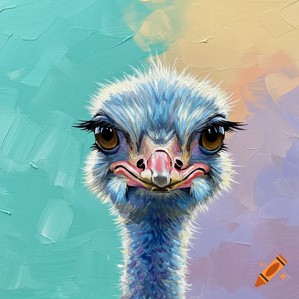 Vibrant painterly portrait of a whimsical blue and purple ostrich with long lashes against a pastel background.