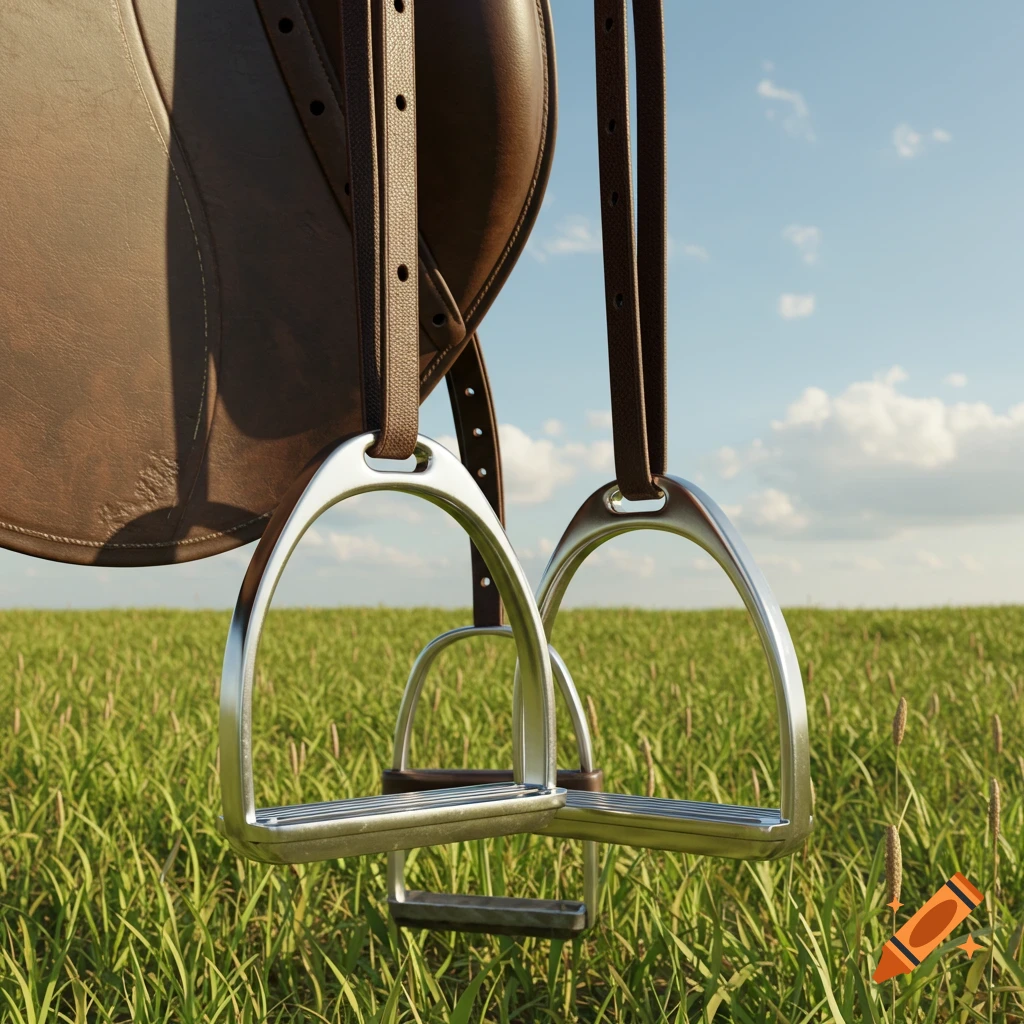 Two silver horse stirrups and a brown leather saddle against a green field and blue sky in a photorealistic style.