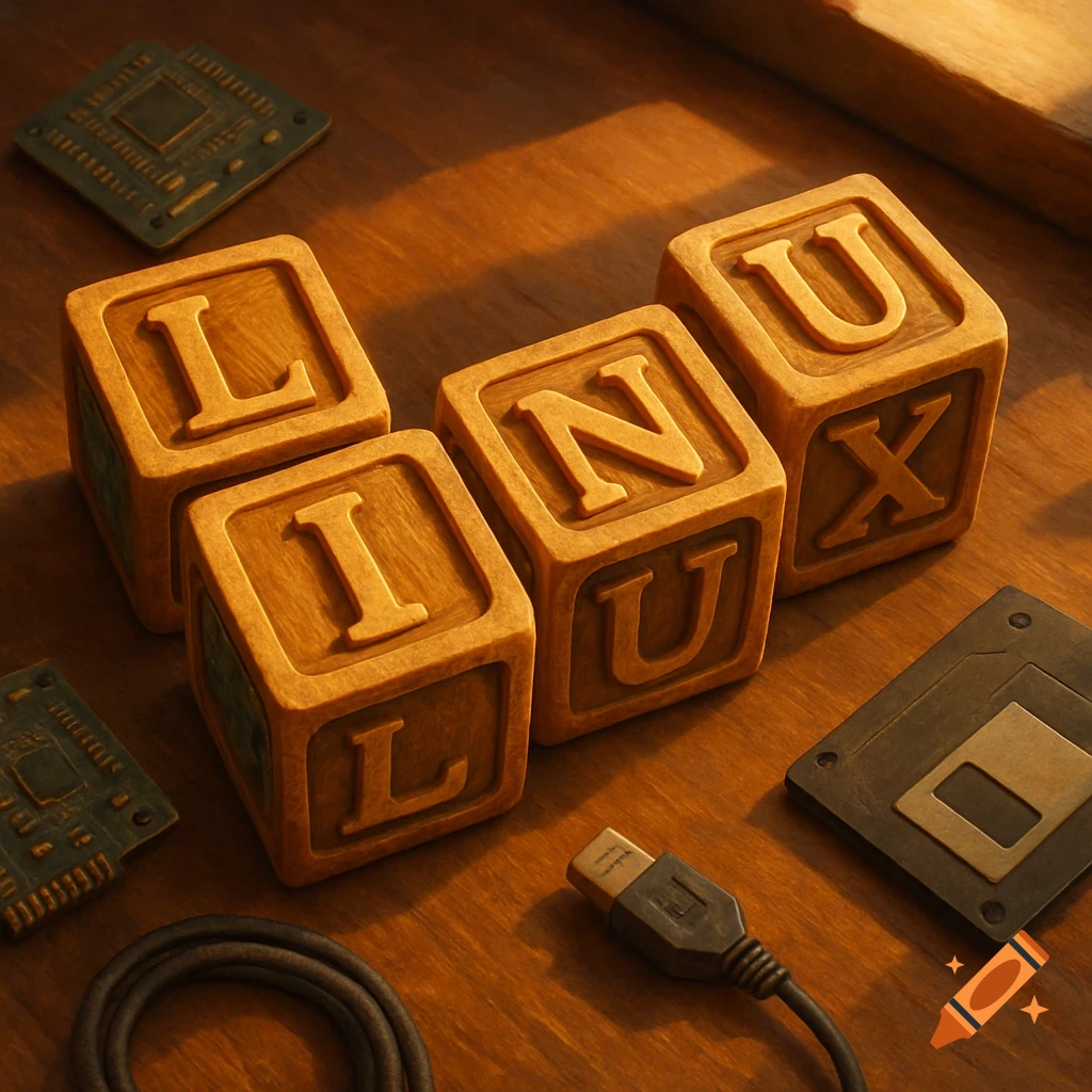 Wooden alphabet blocks spell 'LINUX' on a desk with computer parts, photorealistic.