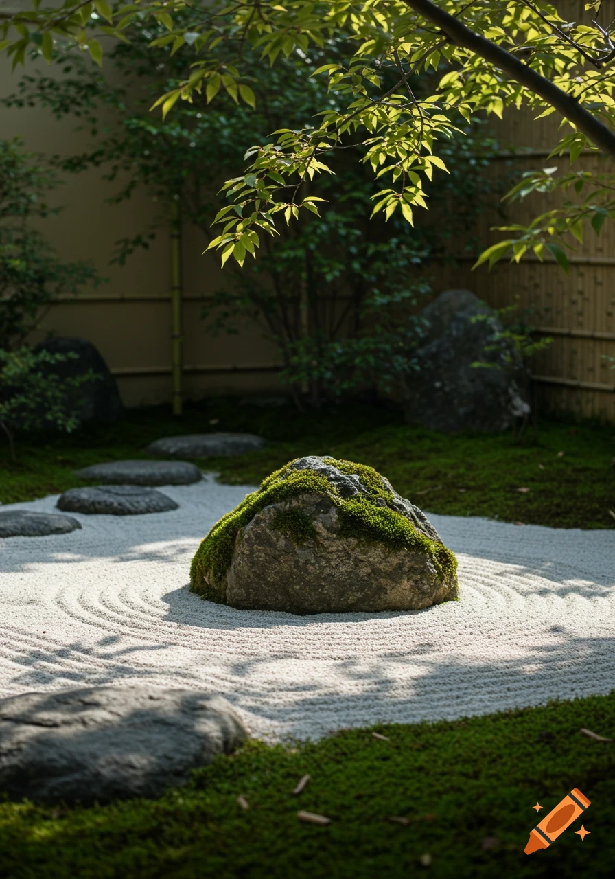 Photorealistic image of a Japanese zen garden with a moss-covered rock, raked white gravel, stepping stones, and green foliage.
