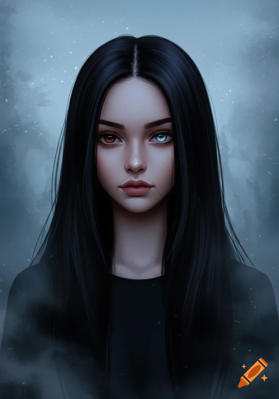 Digital painting of a mysterious girl with long black hair, pale skin, and heterochromia (one brown, one blue eye).