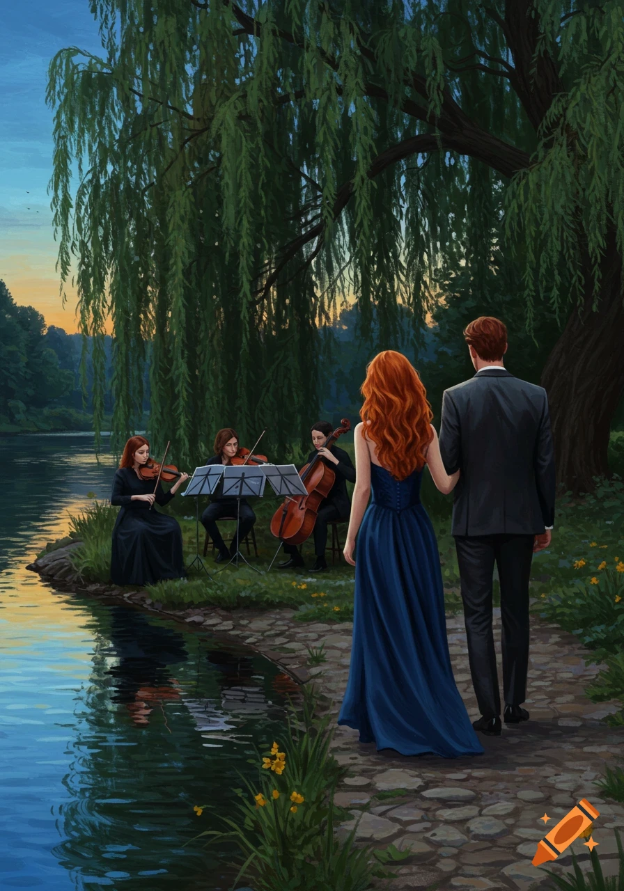 A red-headed woman in a blue gown walks arm-in-arm with a man in a suit along a riverbank, passing musicians playing under a willow tree at sunset.