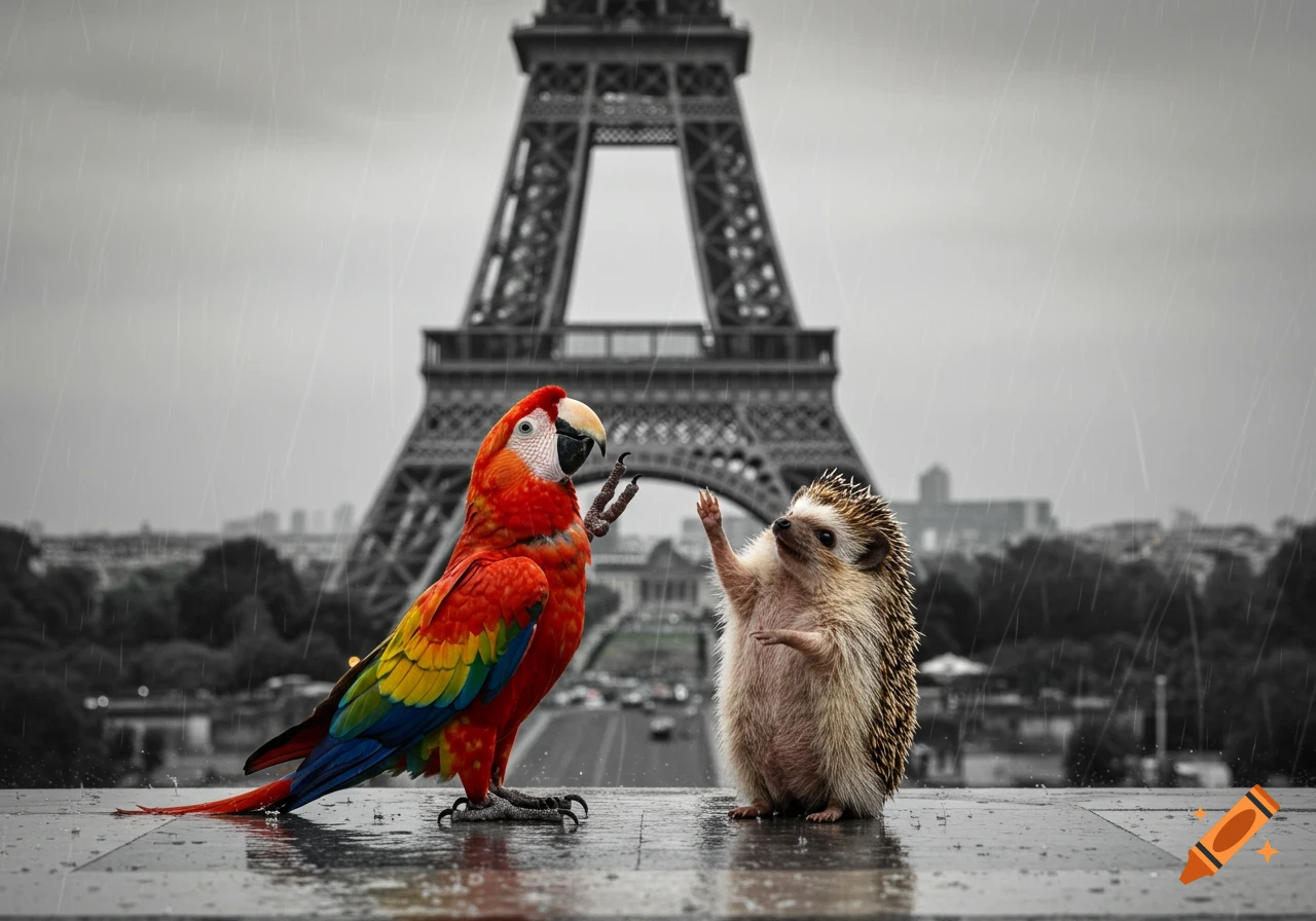 A colorful parrot and a hedgehog stand in the rain in front of the black and white Eiffel Tower.