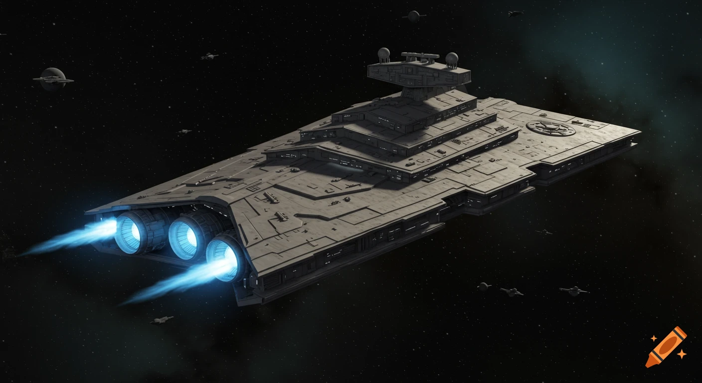 A detailed gray triangular spaceship, inspired by a Star Destroyer, with three glowing blue engines, drifts through dark space with distant stars.