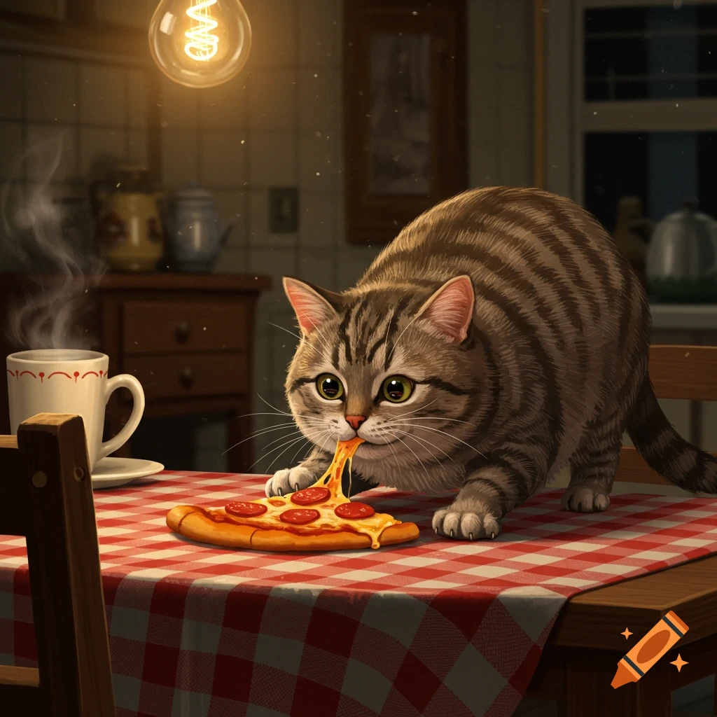 A cute striped cat pulls a cheesy pepperoni pizza slice from a table with a red checkered cloth, steaming mug in background, in an illustrated style.