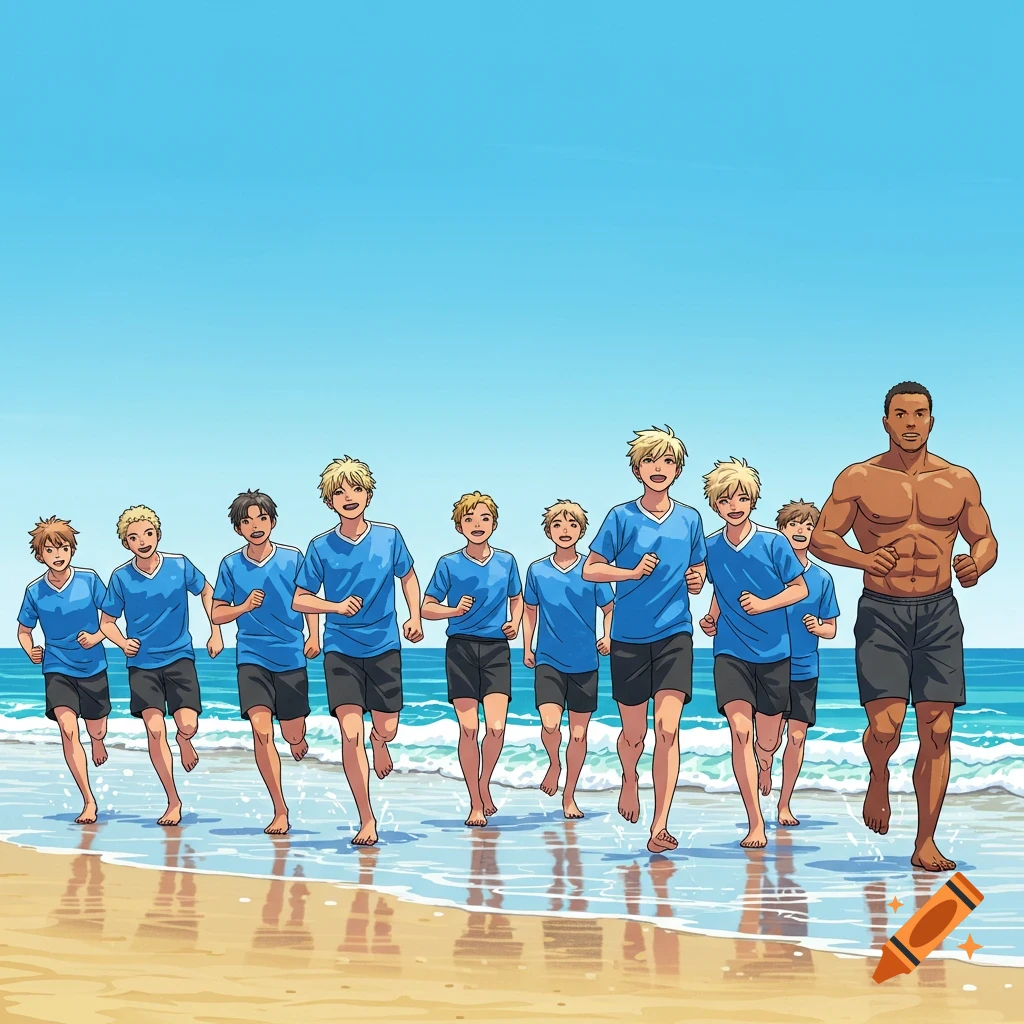 An anime-style illustration of a diverse group of male soccer players and their shirtless coach running barefoot on a sunny beach.