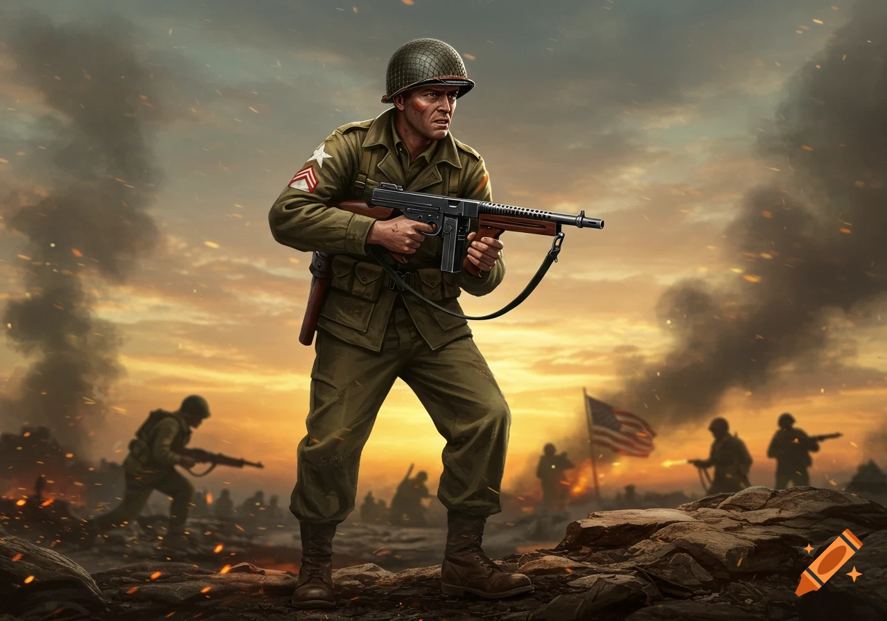 A detailed illustration of a US World War 2 soldier holding a Thompson SMG on a smoky battlefield at sunset.