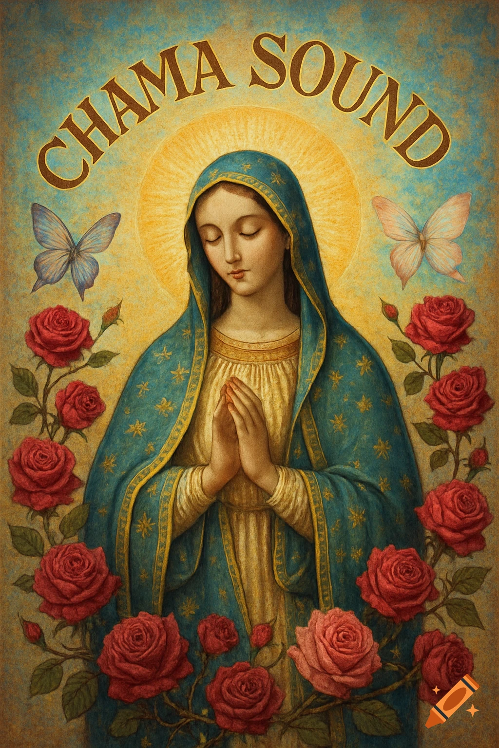 Painting of the Virgin Mary with closed eyes, hands clasped, surrounded by red roses, butterflies, and 'CHAMA SOUND' text.