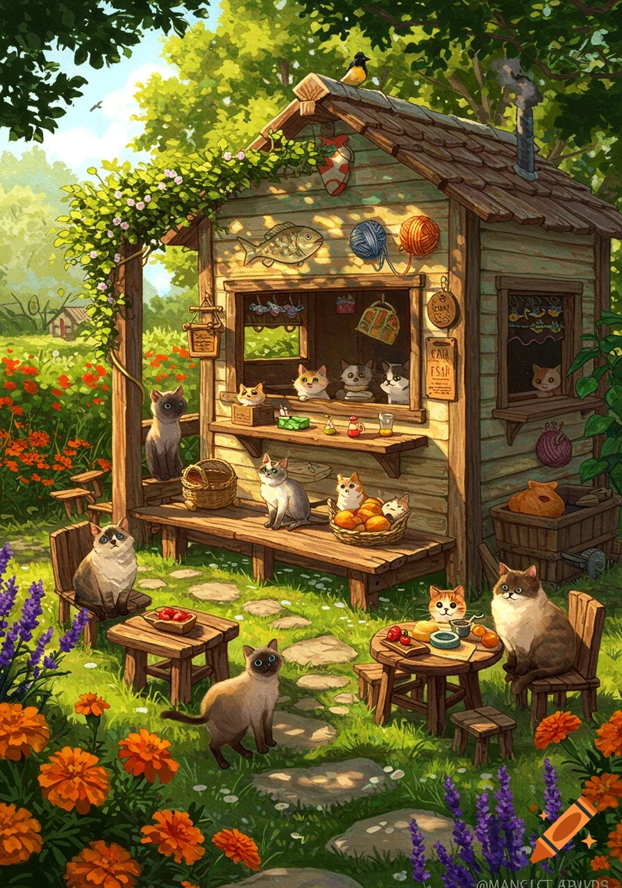An enchanting illustration of many cats around a quaint wooden canteen stall in a lush, flowery garden.
