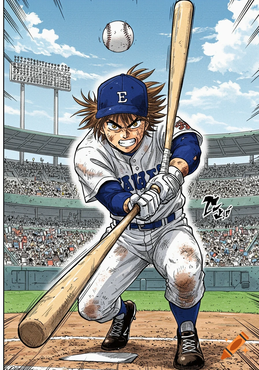 Manga style baseball player in a blue cap and uniform batting in a stadium, with a baseball in the air.