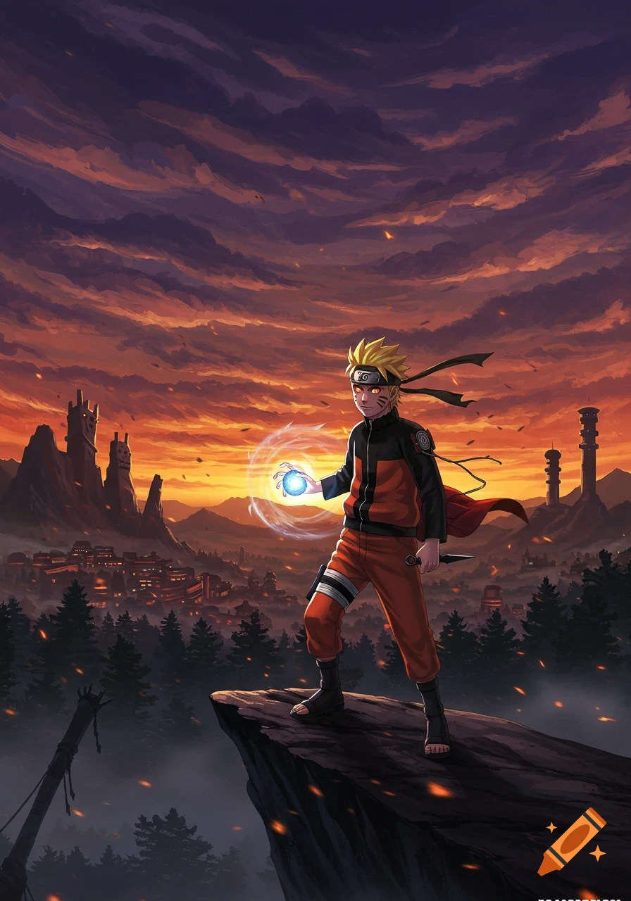 Naruto stands on a cliff with a glowing blue orb, overlooking a village at sunset in a dramatic anime style.