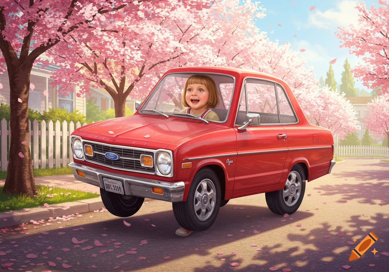 An illustration of a happy child driving a red vintage car down a cherry blossom-lined street on a sunny spring day.