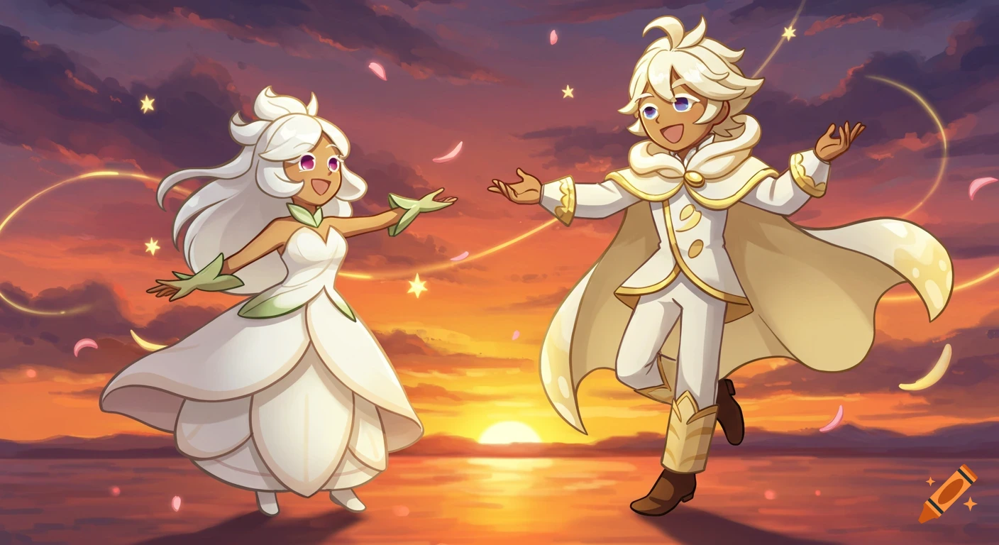 White Lily and Pure Vanilla Cookie dance joyfully at sunset over water, in a vibrant anime style with warm colors.