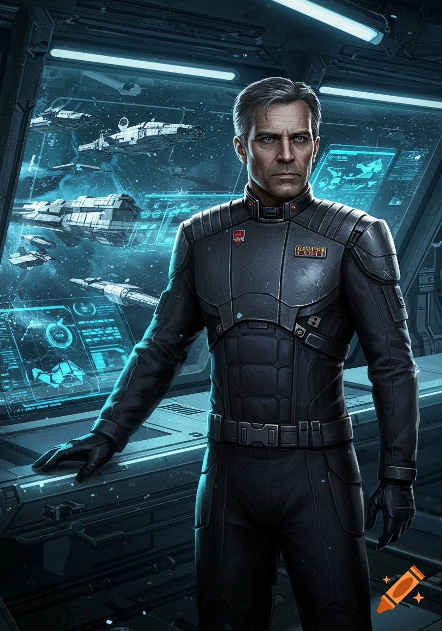 A stern man in a futuristic black uniform stands on a spaceship bridge, with spacecraft visible through a window.