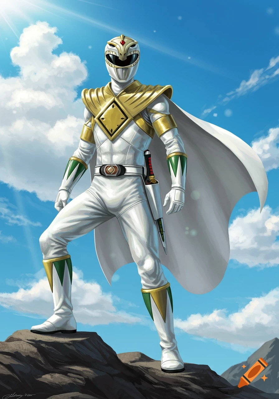 The White Power Ranger stands heroically on a rocky peak, wearing white armor with gold and green accents, under a blue sky.